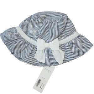 JANIE AND JACK NWT Girls Seersucker Blue White Hat Bonnet Bow Strap 6-12 Months